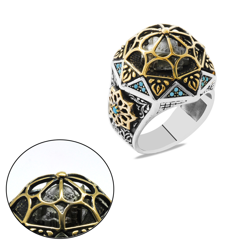 Ayasofyai Kebir Camii Tasarımlı Firuze Taş Süslemeli Koleksiyonluk 925 Ayar Gümüş Erkek Yüzük - 2