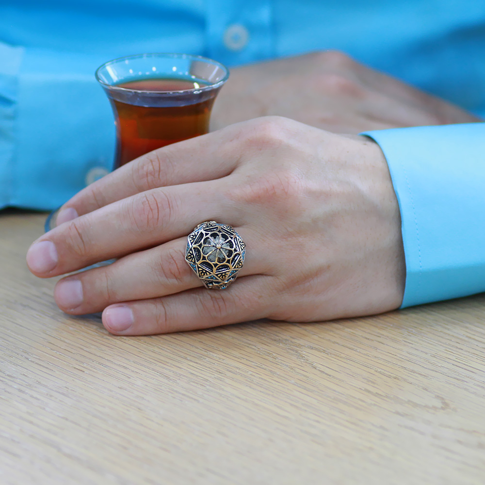 Ayasofyai Kebir Camii Tasarımlı Firuze Taş Süslemeli Koleksiyonluk 925 Ayar Gümüş Erkek Yüzük - 4