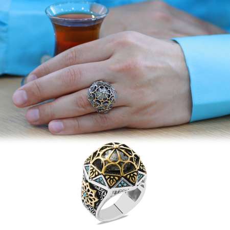 Ayasofyai Kebir Camii Tasarımlı Firuze Taş Süslemeli Koleksiyonluk 925 Ayar Gümüş Erkek Yüzük - Tesbihane