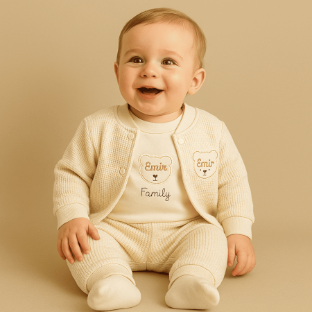Ayıcık Desenli İsme Özel Nakışlı Krem 3 lü Bebek Takımı - Tesbihane