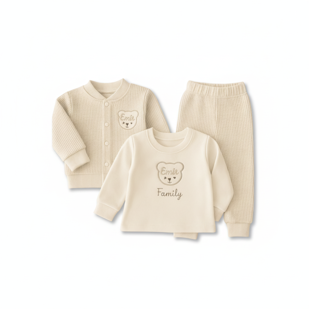 Ayıcık Desenli İsme Özel Nakışlı Krem 3 lü Bebek Takımı - 2