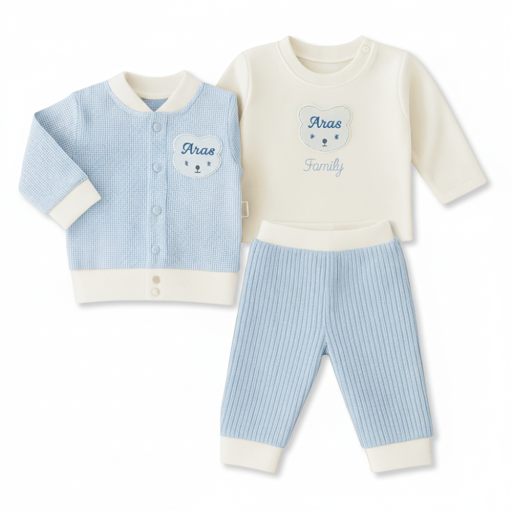 Ayıcık Desenli İsme Özel Nakışlı Mavi Beyaz 3 lü Bebek Takımı - 2