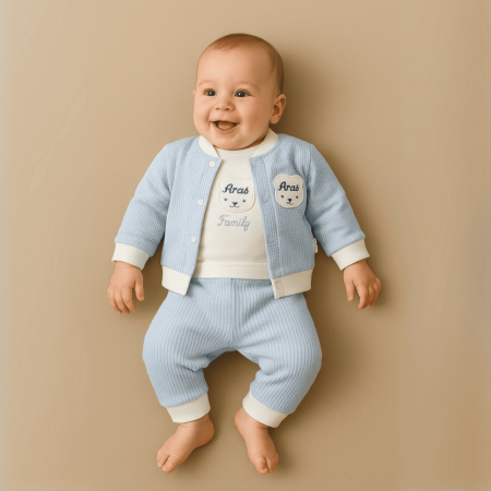 Ayıcık Desenli İsme Özel Nakışlı Mavi Beyaz 3 lü Bebek Takımı - Tesbihane