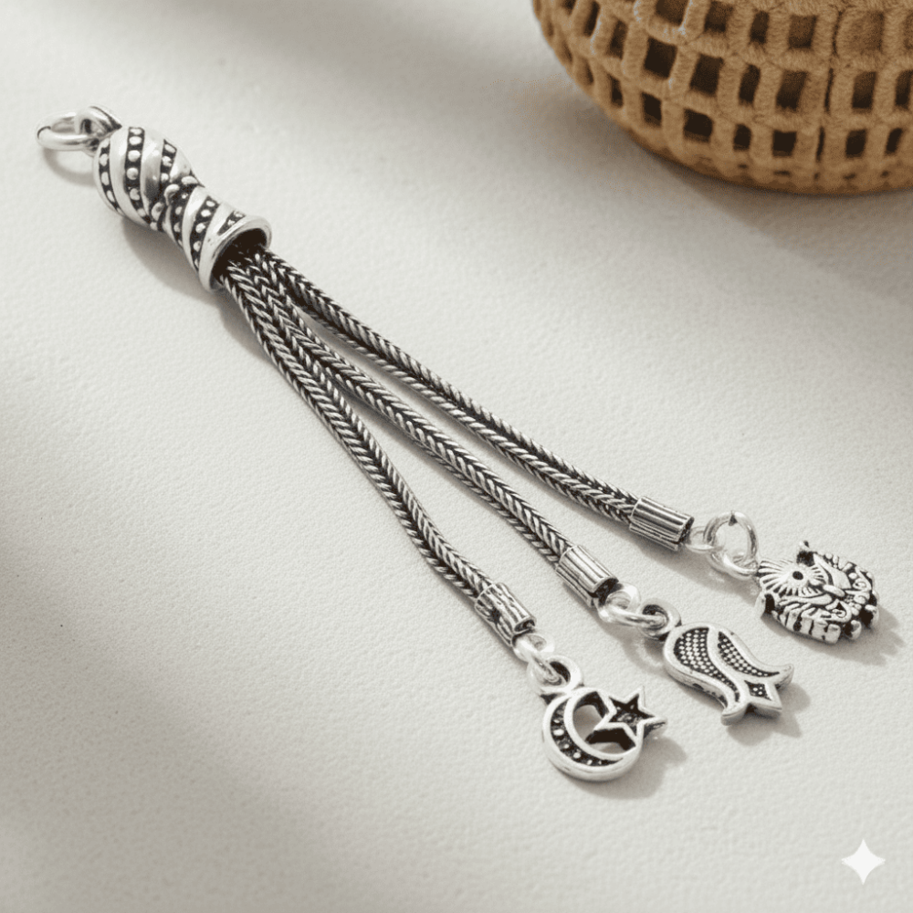 Ayyıldız Arma Lale Tasarım Üç Kamçılı 925 Ayar Gümüş Püskül - 1