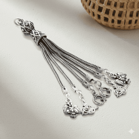 Ayyıldız Çift Başlı Kartal Tuğra Tasarım 6 lı Kamçı 925 Ayar Gümüş Püskül - Tesbihane