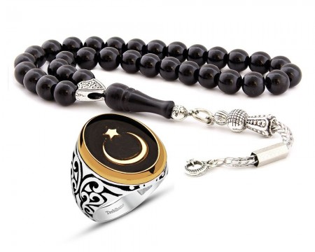 Ayyıldız Kamçılı Sade Oltu Taşı Tesbih 925 Ayar Gümüş Siyah Mineli Ayyıldız Yüzük Kombini - Tesbihane