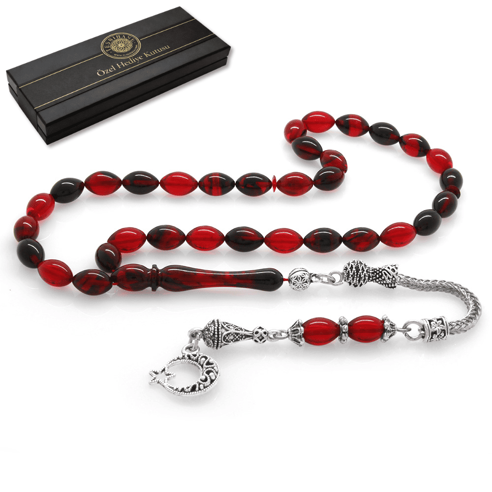 Ayyıldız Kararmaz Metal Püsküllü Arpa Kesim Kırmızı Siyah Ateş Kehribar Tesbih - 1