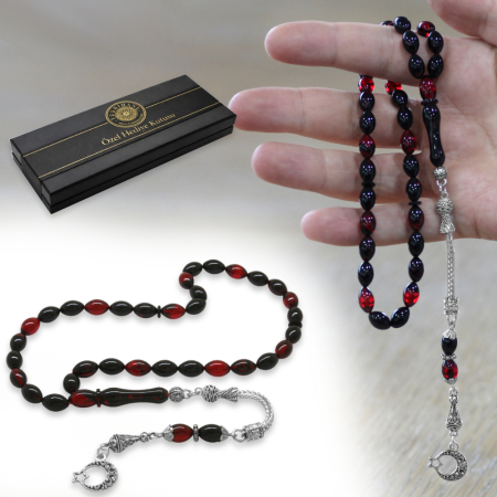 Ayyıldız Kararmaz Metal Püsküllü Arpa Kesim Kırmızı Siyah Ateş Kehribar Tesbih - Tesbihane