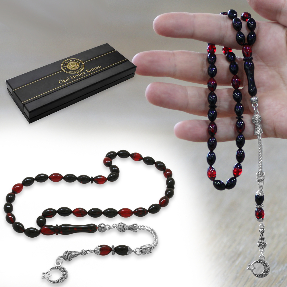 Ayyıldız Kararmaz Metal Püsküllü Arpa Kesim Kırmızı Siyah Ateş Kehribar Tesbih - 1