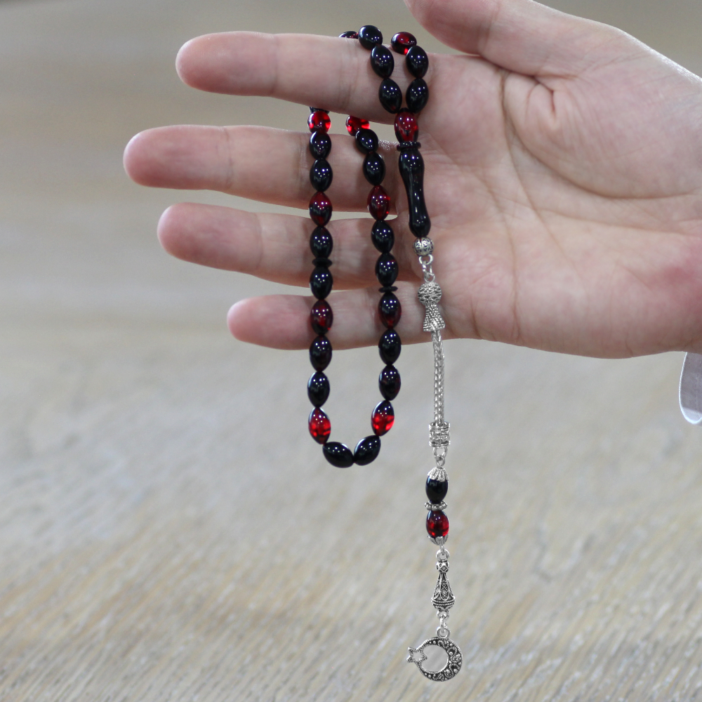 Ayyıldız Kararmaz Metal Püsküllü Arpa Kesim Kırmızı Siyah Ateş Kehribar Tesbih - 2