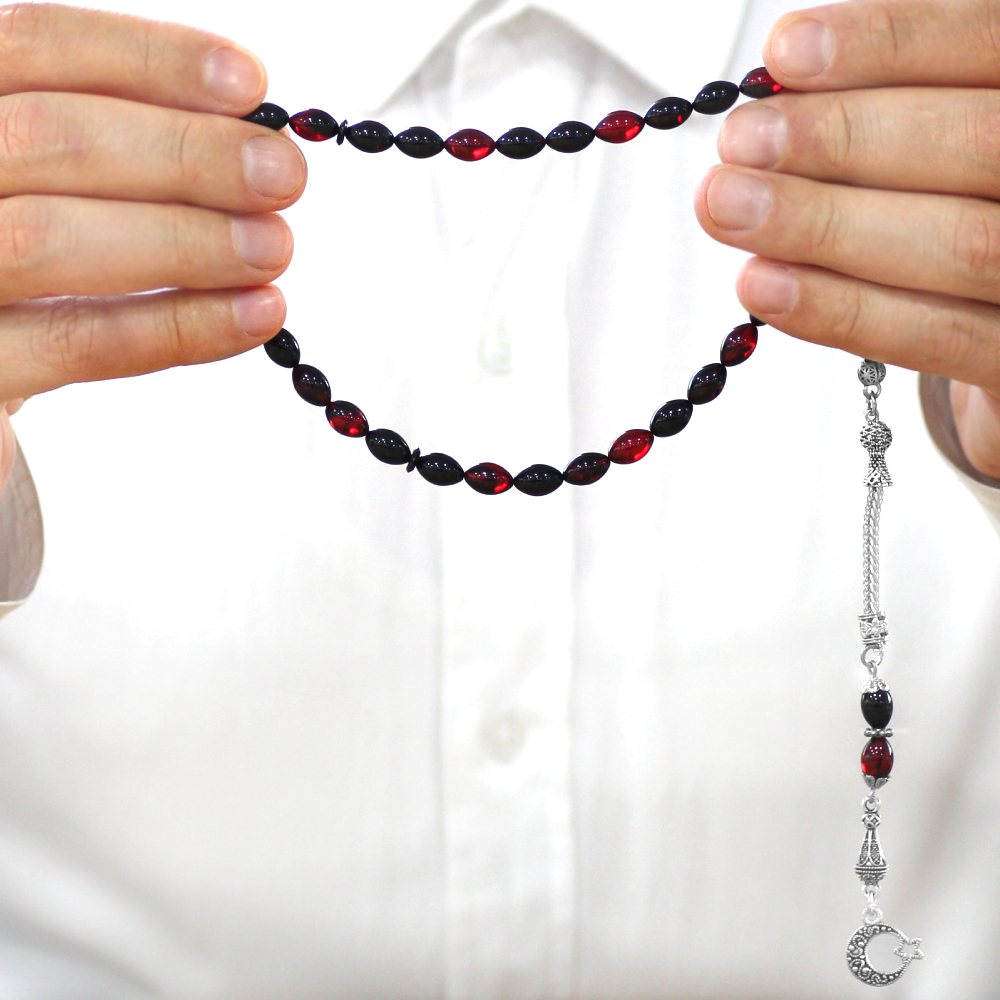 Ayyıldız Kararmaz Metal Püsküllü Arpa Kesim Kırmızı Siyah Ateş Kehribar Tesbih - 3
