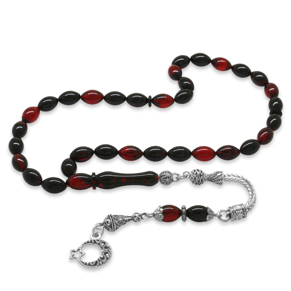 Ayyıldız Kararmaz Metal Püsküllü Arpa Kesim Kırmızı Siyah Ateş Kehribar Tesbih - 4