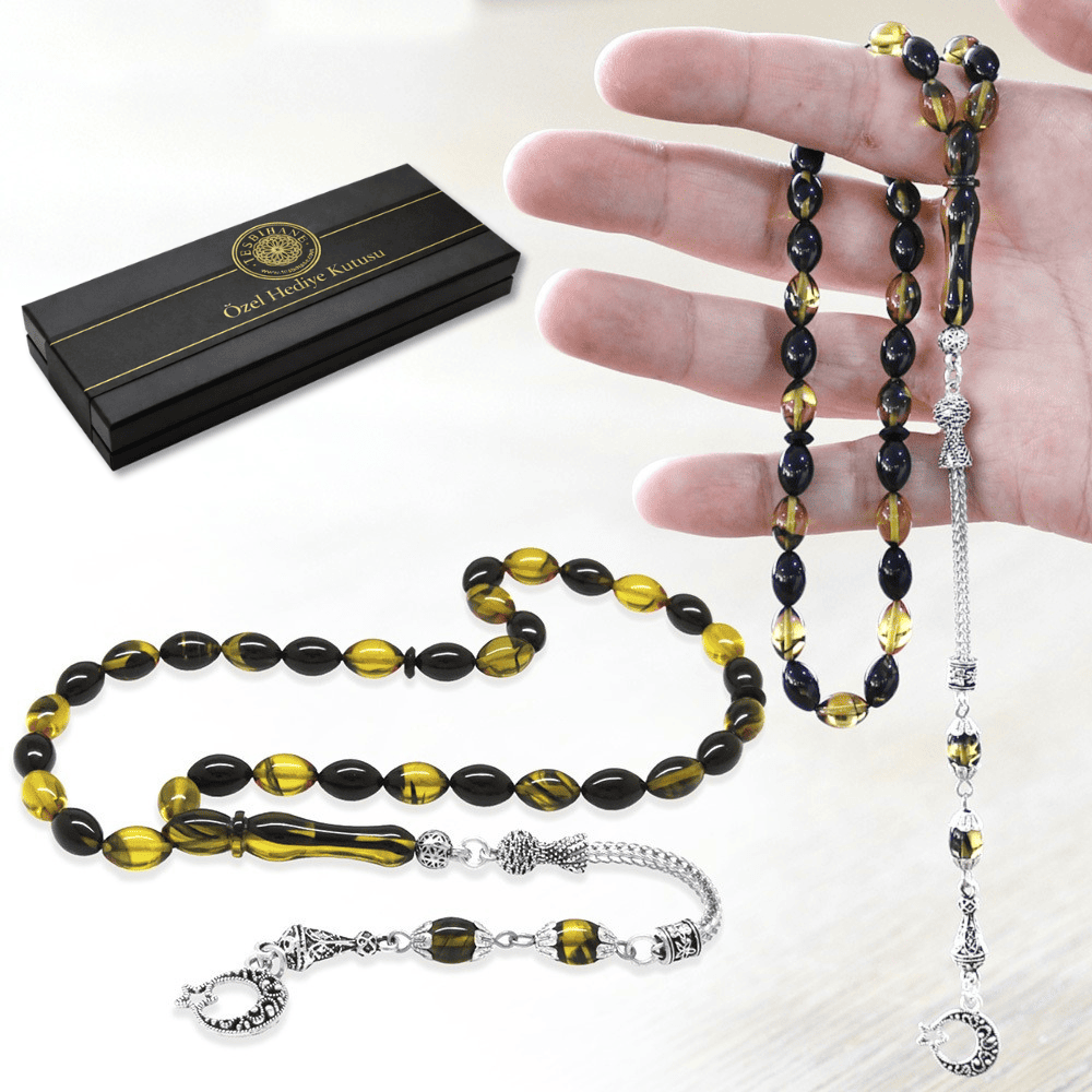 Ayyıldız Kararmaz Metal Püsküllü Arpa Kesim Sarı Siyah Ateş Kehribar Tesbih - 1