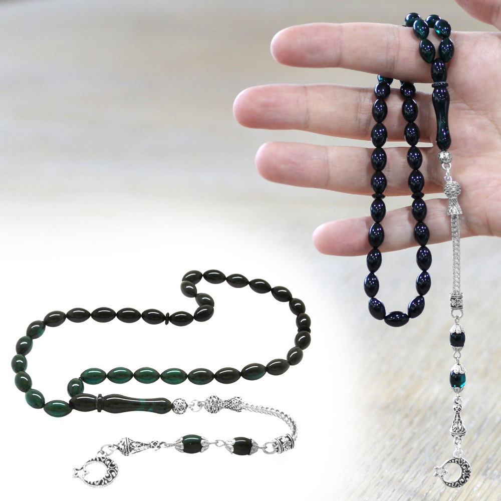 Ayyıldız Kararmaz Metal Püsküllü Arpa Kesim Süzme Turkuaz Siyah Ateş Kehribar Tesbih - 1