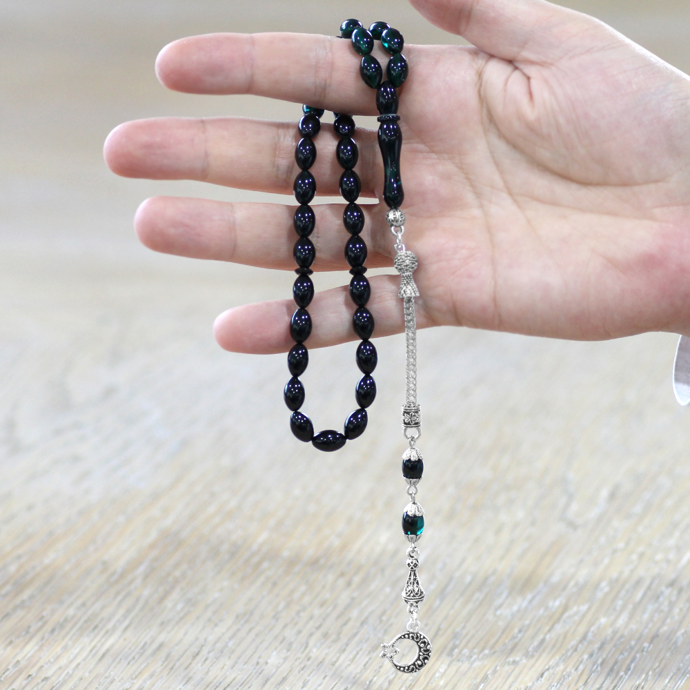 Ayyıldız Kararmaz Metal Püsküllü Arpa Kesim Süzme Turkuaz Siyah Ateş Kehribar Tesbih - 2