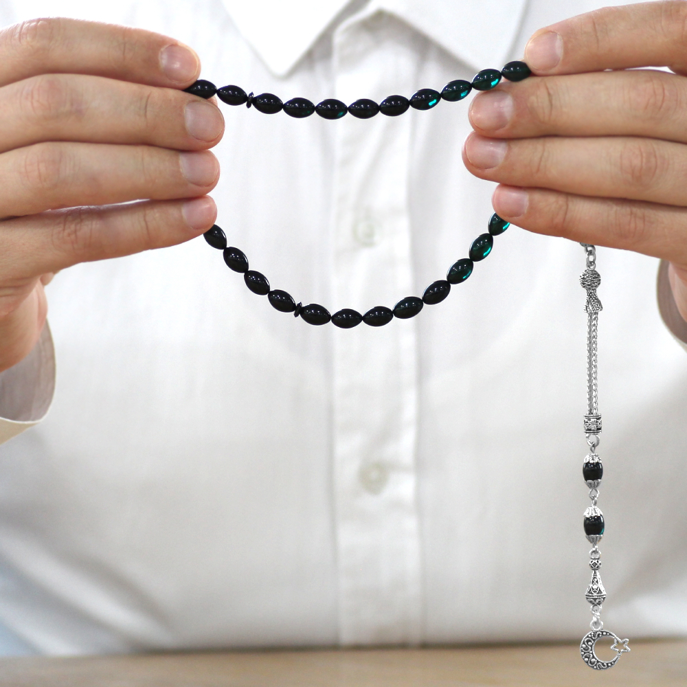 Ayyıldız Kararmaz Metal Püsküllü Arpa Kesim Süzme Turkuaz Siyah Ateş Kehribar Tesbih - 3