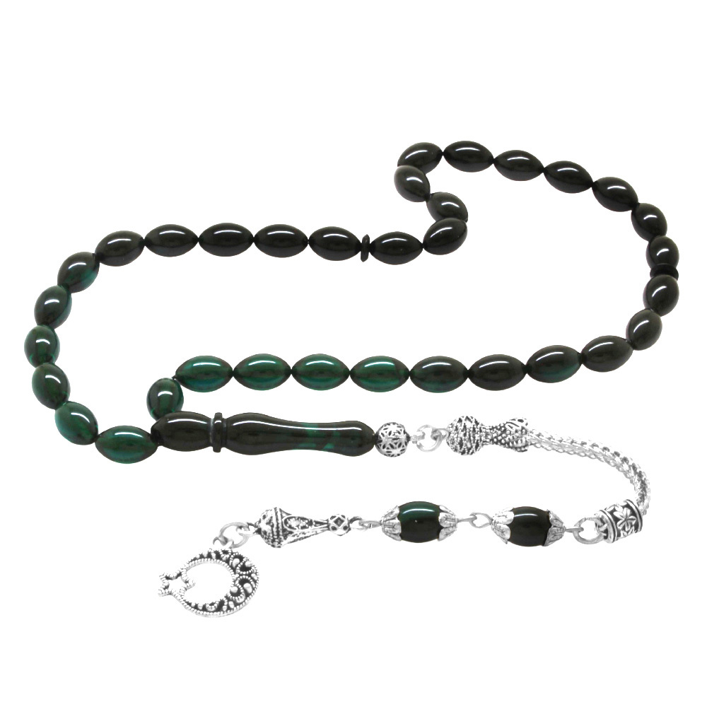 Ayyıldız Kararmaz Metal Püsküllü Arpa Kesim Süzme Turkuaz Siyah Ateş Kehribar Tesbih - 4