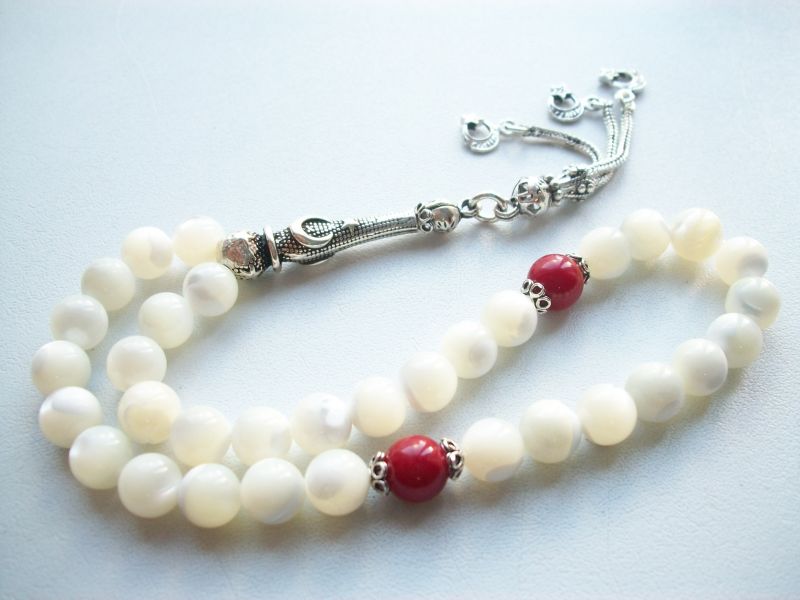 Ayyıldız Model Sedef Mercan Gümüşlü Küre Kesim Doğaltaş Tesbih (SVEJKMZ8) - 1