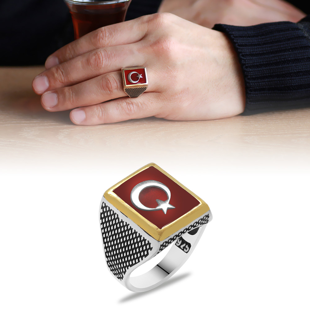 Ayyıldız Motifli Kırmızı Mineli 925 Ayar Gümüş Teşkîlât Yüzüğü - 1