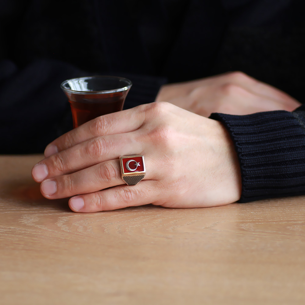 Ayyıldız Motifli Kırmızı Mineli 925 Ayar Gümüş Teşkîlât Yüzüğü - 3