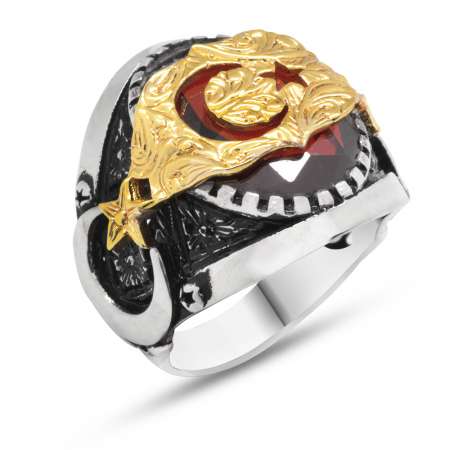 Ayyıldız Motifli Kırmızı Zirkon Taşlı 925 Ayar Gümüş Erkek Yüzük - Tesbihane