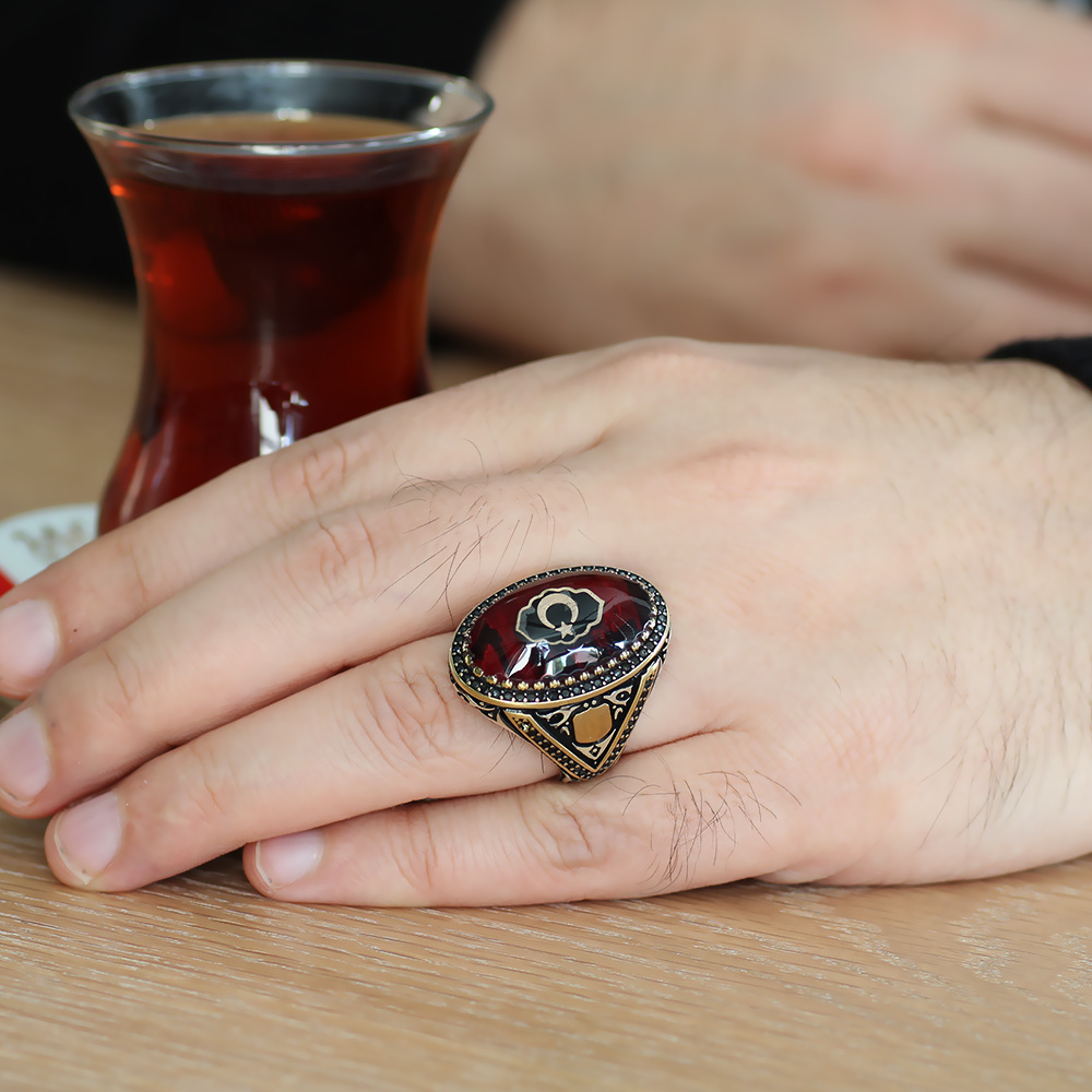 Ayyıldız Motifli Sıkma Kehribar Taşlı 925 Ayar Gümüş Erkek Yüzük - M1 - 2