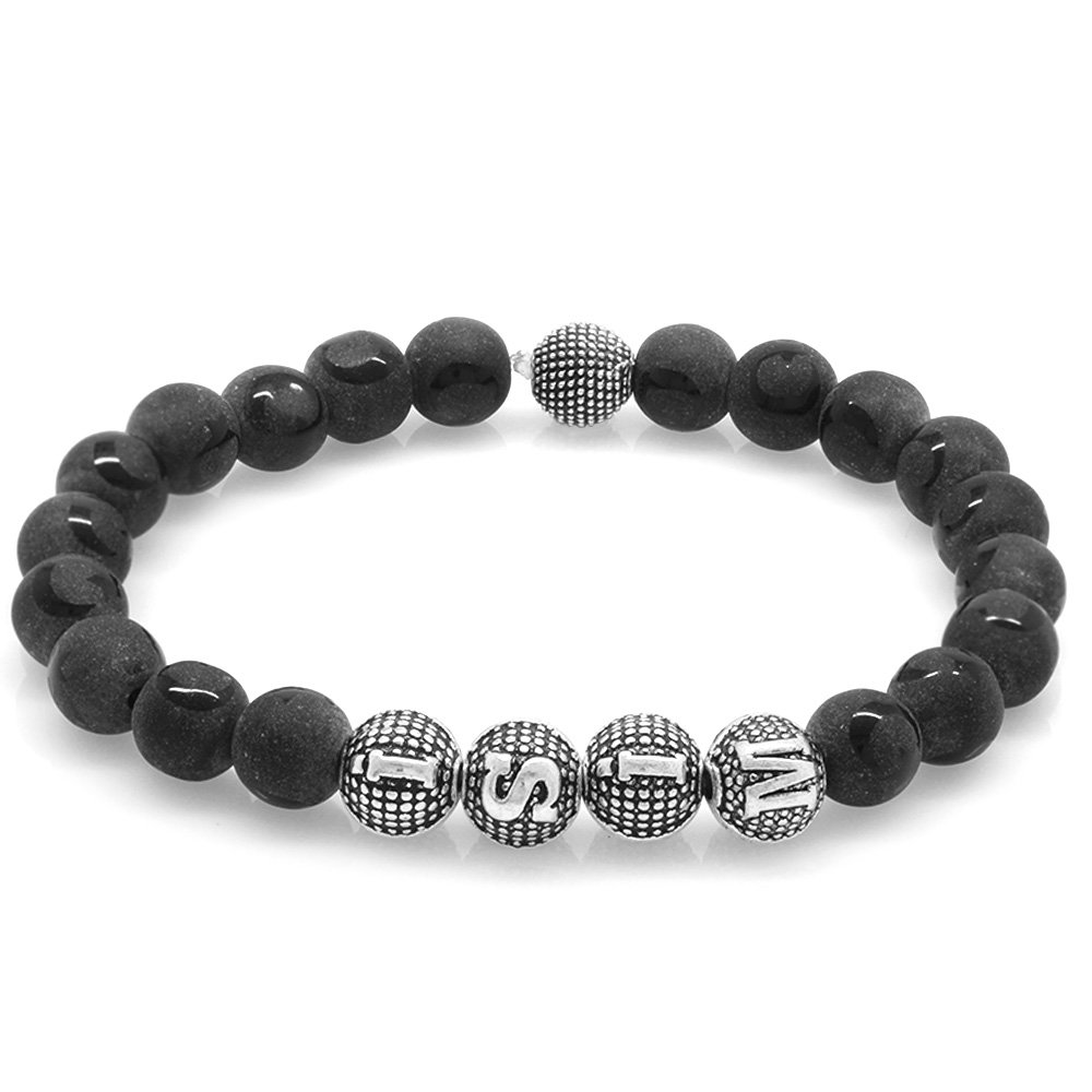 Ayyıldız Oniks Doğaltaş Bileklik - İsme Özel Yazılı - Metal Kombinli - Küre Kesim - 3