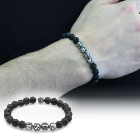 Ayyıldız Oniks Doğaltaş Bileklik - İsme Özel Yazılı - Metal Kombinli - Küre Kesim - Tesbihane