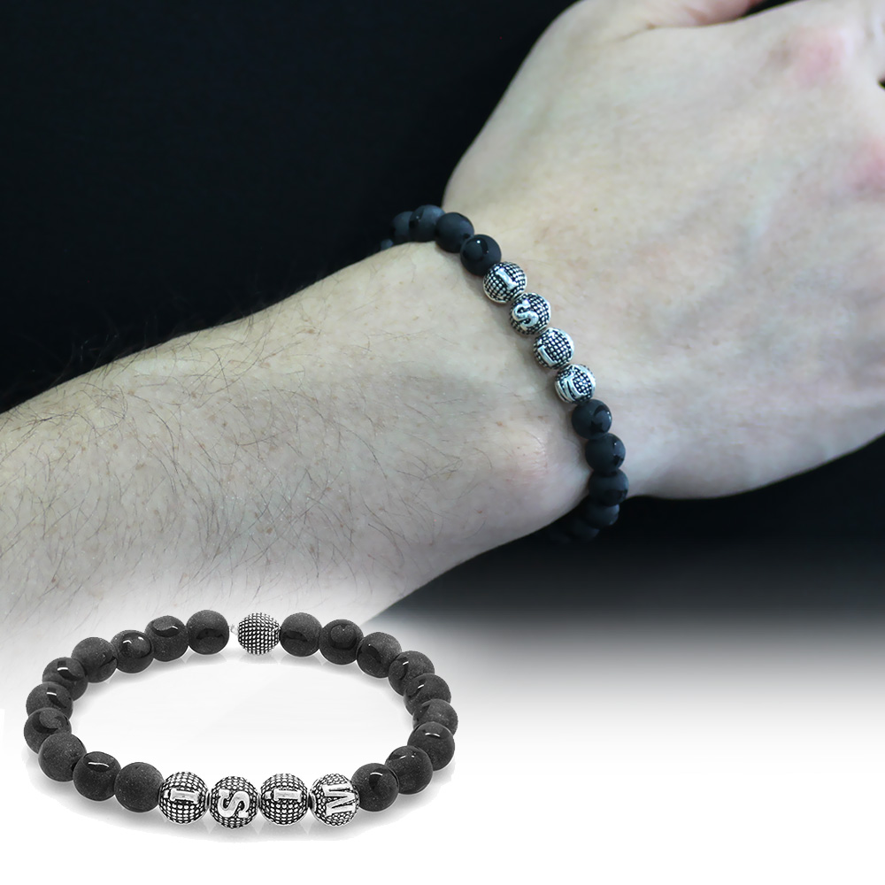 Ayyıldız Oniks Doğaltaş Bileklik - İsme Özel Yazılı - Metal Kombinli - Küre Kesim - 1