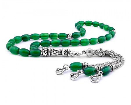 Kararmaz Metal Ayyıldız Püsküllü Arpa Kesim Yeşil Akik Doğaltaş Tesbih - Tesbihane