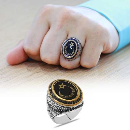 Ayyıldız Tasarım İsme Özel Yazılı Mineli 925 Ayar Gümüş Erkek Yüzük - Tesbihane