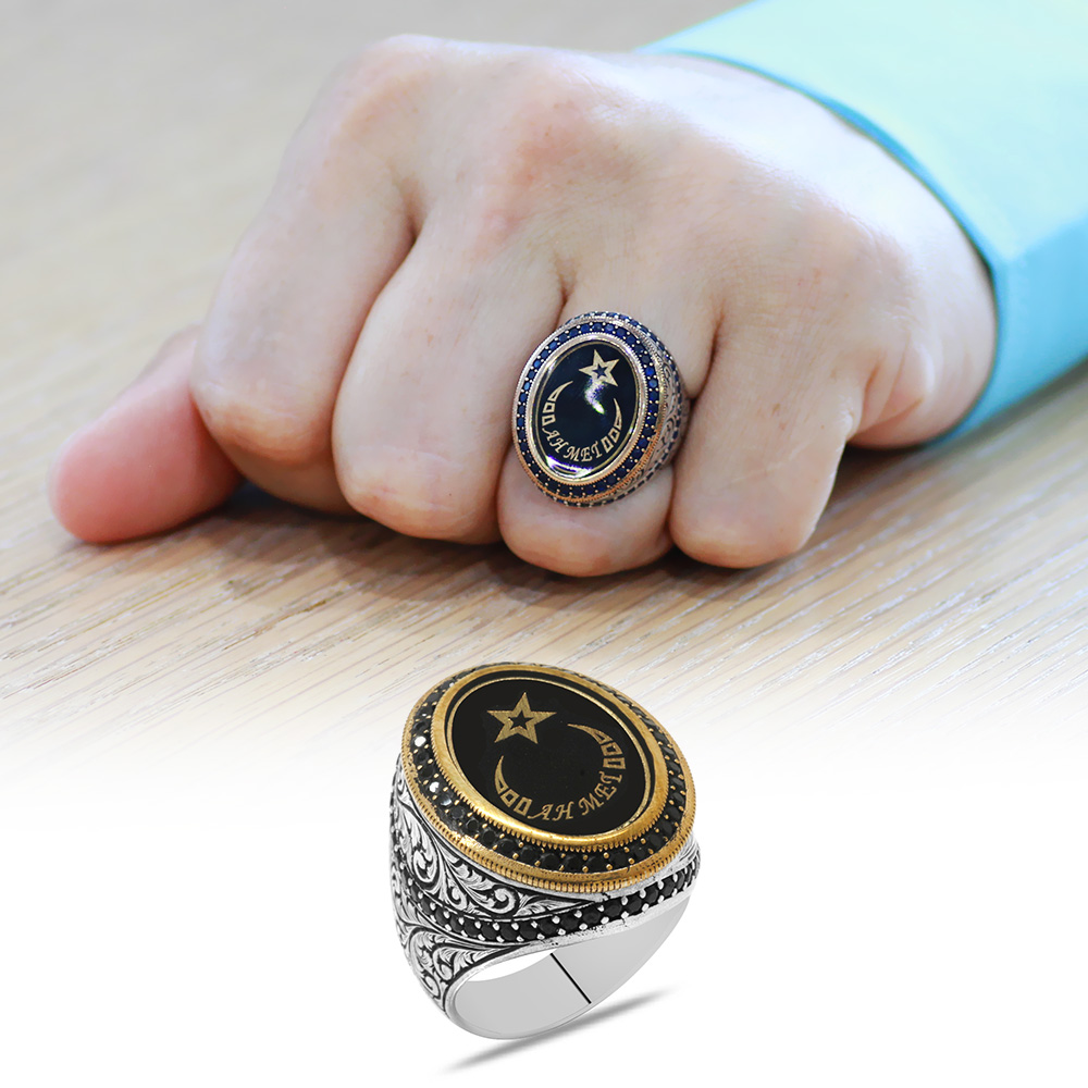 Ayyıldız Tasarım İsme Özel Yazılı Mineli 925 Ayar Gümüş Erkek Yüzük - 1