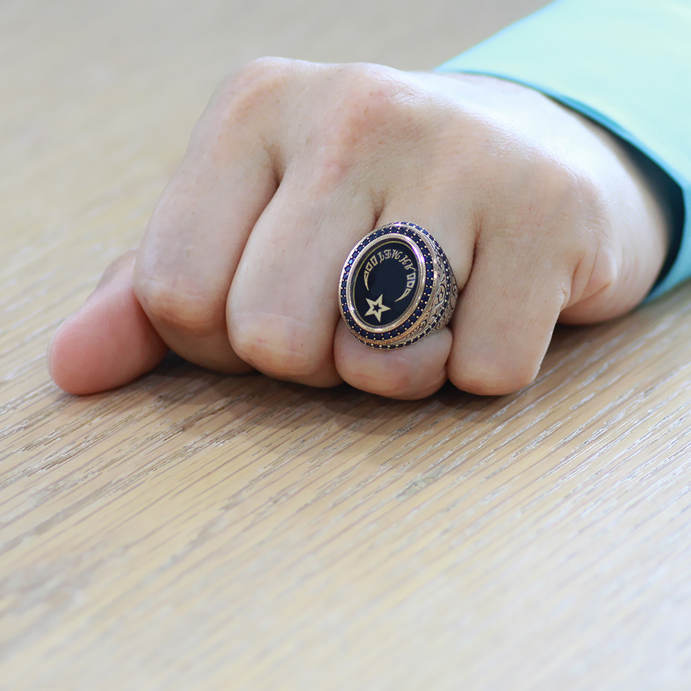 Ayyıldız Tasarım İsme Özel Yazılı Mineli 925 Ayar Gümüş Erkek Yüzük - 2