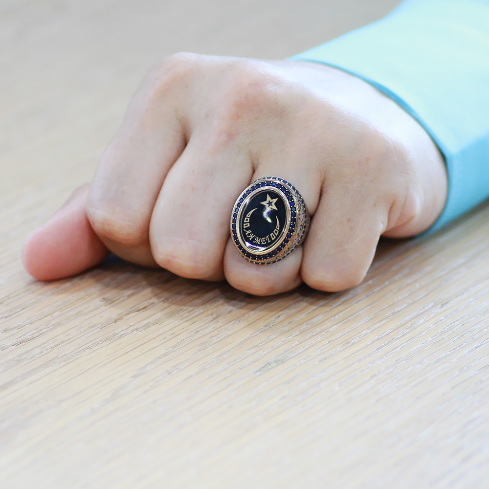 Ayyıldız Tasarım İsme Özel Yazılı Mineli 925 Ayar Gümüş Erkek Yüzük - 3