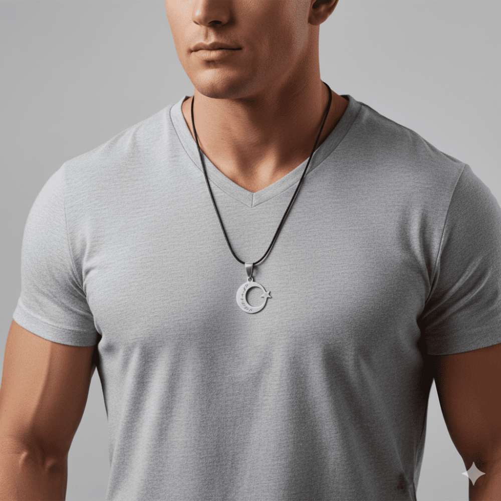 Ayyıldız Tasarım İsme Özel Yazılı Siyah İp Zincirli Çelik Erkek Kolye - 2