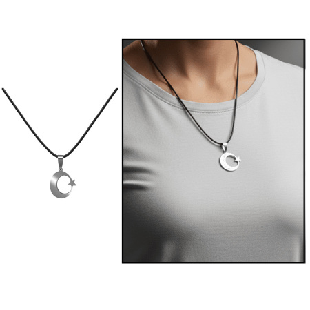 Ayyıldız Tasarım İsme Özel Yazılı Siyah İp Zincirli Çelik Kadın Kolye - Tesbihane