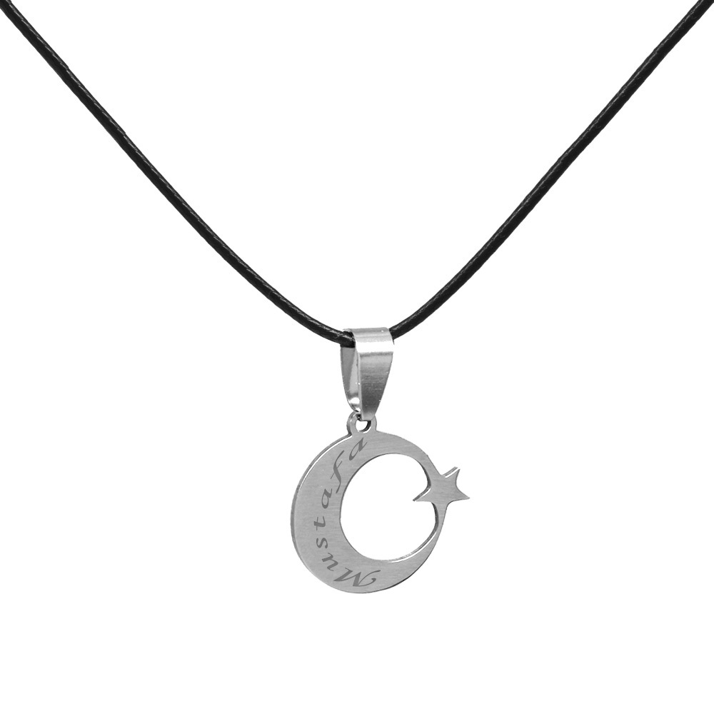 Ayyıldız Tasarım İsme Özel Yazılı Siyah İp Zincirli Çelik Kadın Kolye - 4