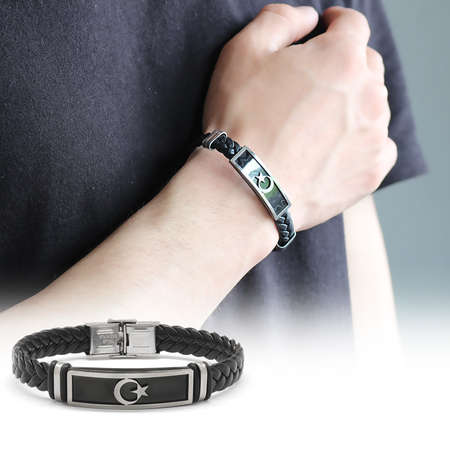 Ayyıldız Tasarım Siyah Deri-Çelik Kombinli Erkek Bileklik - STOKYOK