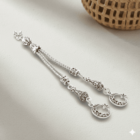 Ayyıldız Zafer Temalı Gümüş Renk 2 li Kamçı Kararmaz Metal Püskül - Tesbihane