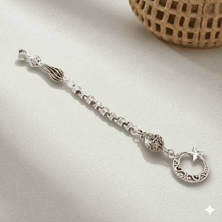 Ayyıldız Temalı Gümüş Renk Snake Zincir Tek Kamçılı Kararmaz Metal Püskül - Tesbihane