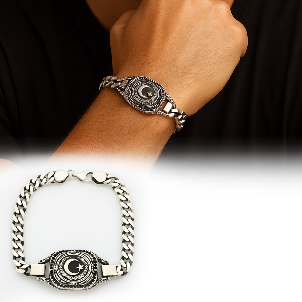 Ayyıldız Temalı Gurmet Zincirli 925 Ayar Gümüş Erkek Bileklik - 1
