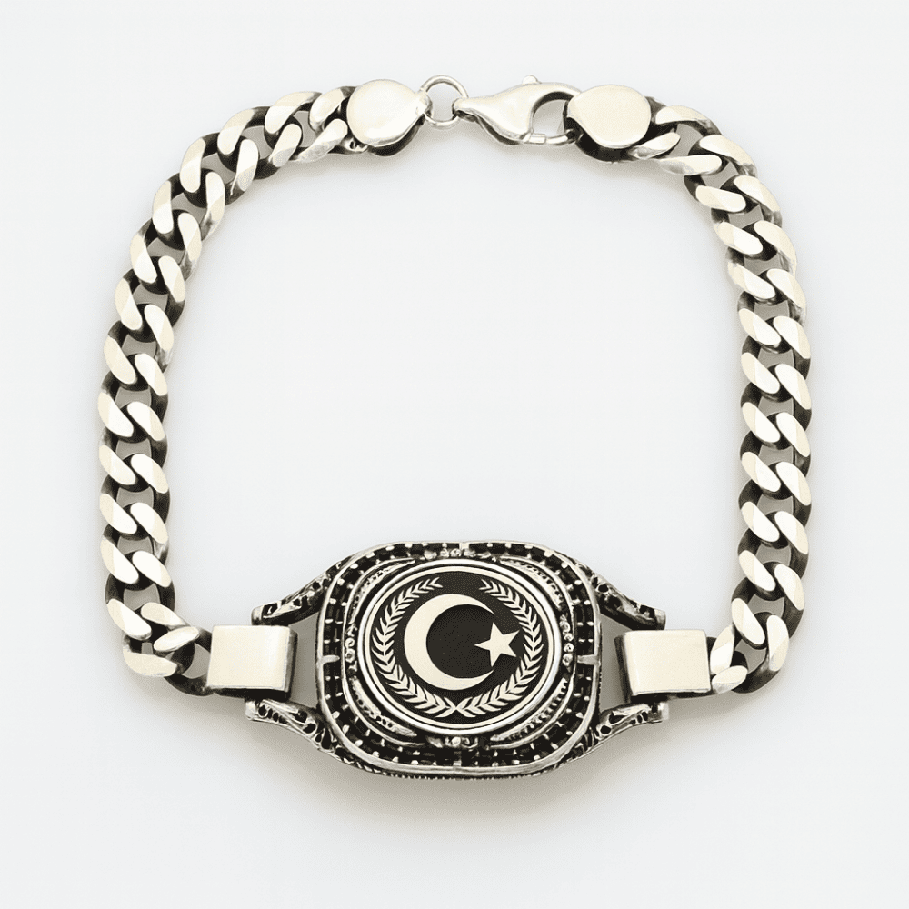 Ayyıldız Temalı Gurmet Zincirli 925 Ayar Gümüş Erkek Bileklik - 2