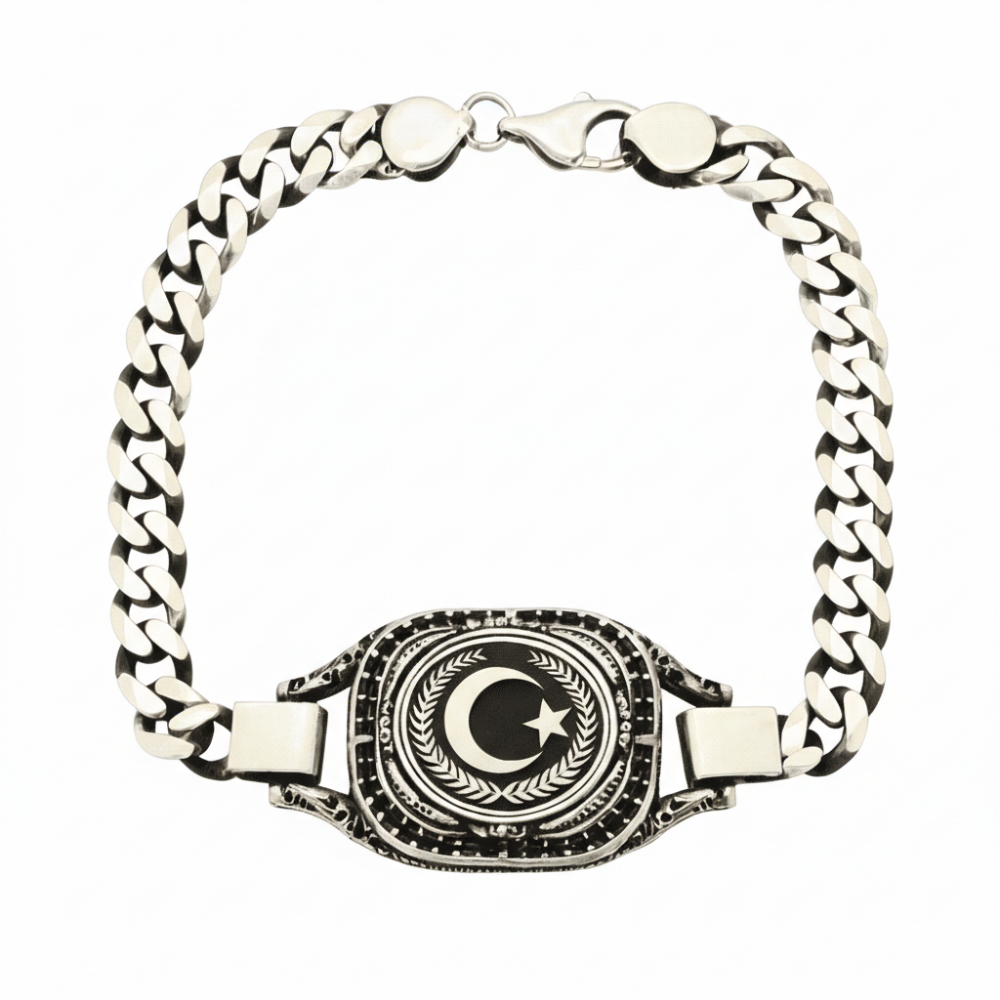 Ayyıldız Temalı Gurmet Zincirli 925 Ayar Gümüş Erkek Bileklik - 2