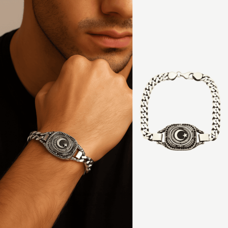 Ayyıldız Temalı Gurmet Zincirli 925 Ayar Gümüş Erkek Bileklik - Tesbihane