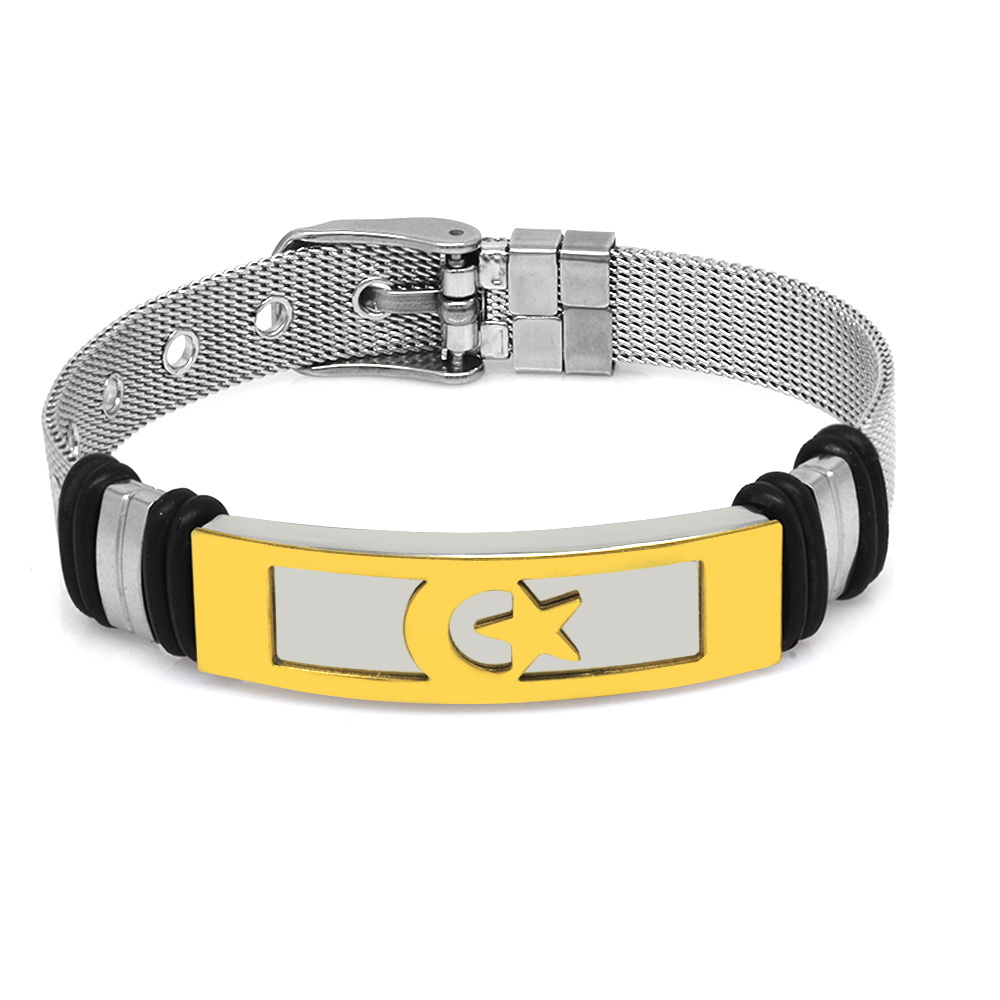 Ayyıldız Temalı Uzunluk Ayarlanabilir Gümüş Altın Renk Çelik Erkek Hasır Bileklik - 2