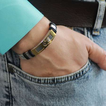 Ayyıldız Temalı Uzunluk Ayarlanabilir Gümüş Altın Renk Çelik Erkek Hasır Bileklik - Tesbihane