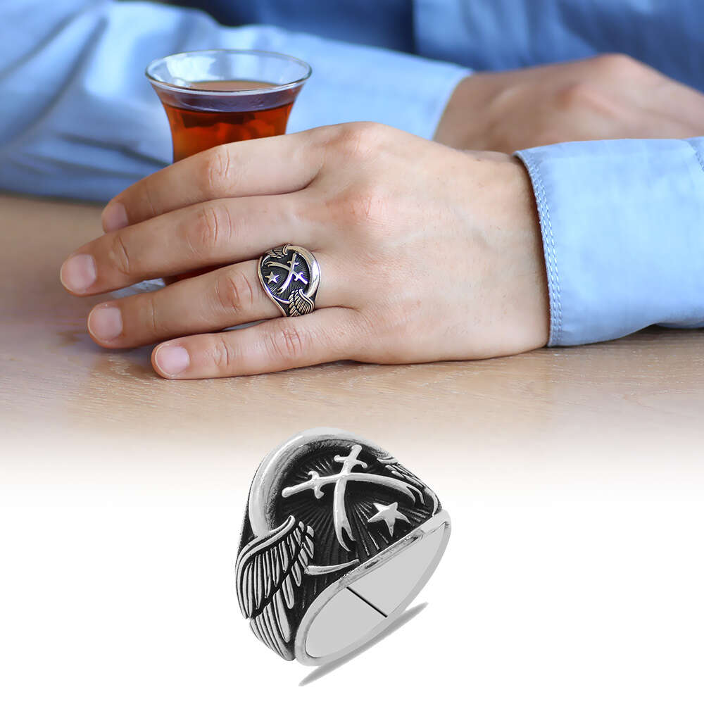 Ayyıldız Temalı Zülfikar Kılıcı Süslemeli 925 Ayar Gümüş Erkek Yüzük - 1