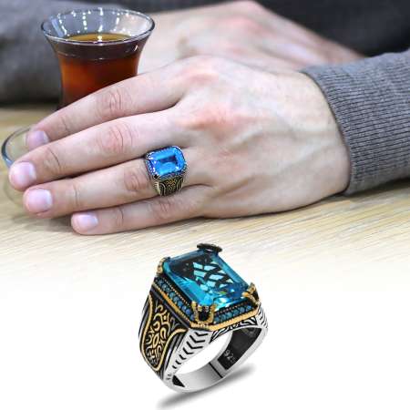 Baget Kesim Aqua Zirkon Taşlı Yanları Gotik Süslemeli 925 Ayar Gümüş Erkek Yüzük - Tesbihane