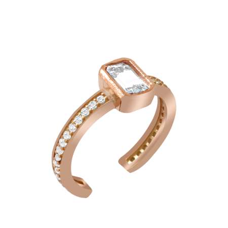 Baget Kesim Beyaz Zirkon Taşlı Rose Renk Ayarlanabilir Ölçü 925 Ayar Gümüş Kadın Tektaş Yüzük - Tesbihane