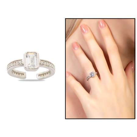 Baget Kesim Beyaz Zirkon Taşlı Gümüş Renk Ayarlanabilir Ölçü 925 Ayar Gümüş Kadın Tektaş Yüzük - Tesbihane